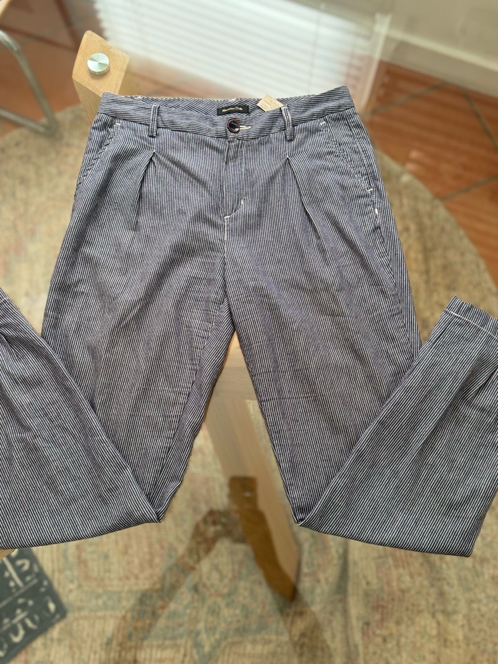 Massimo Dutti Navy & White Pinstripe Pleated Chinos